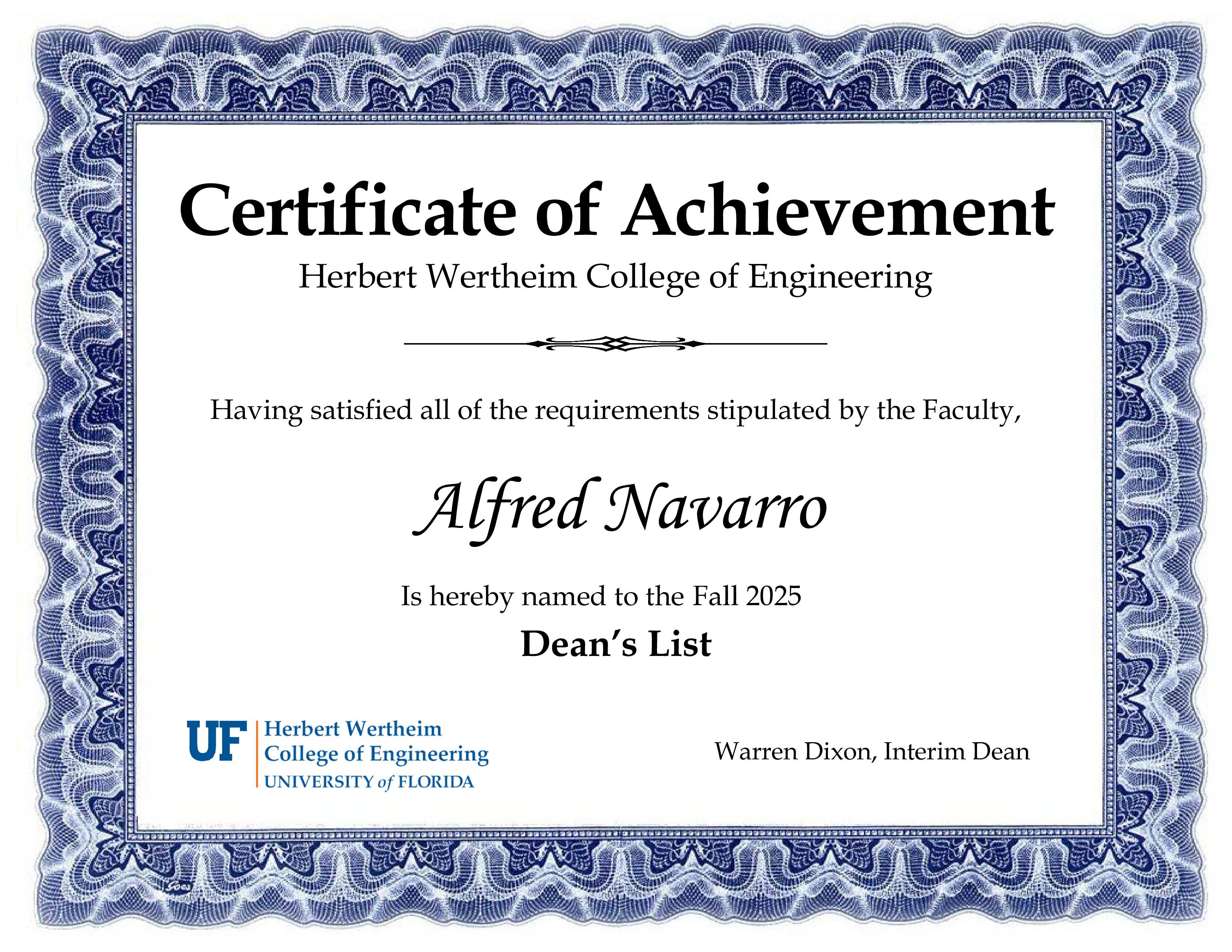 UF HWCOE Dean's List Certificate